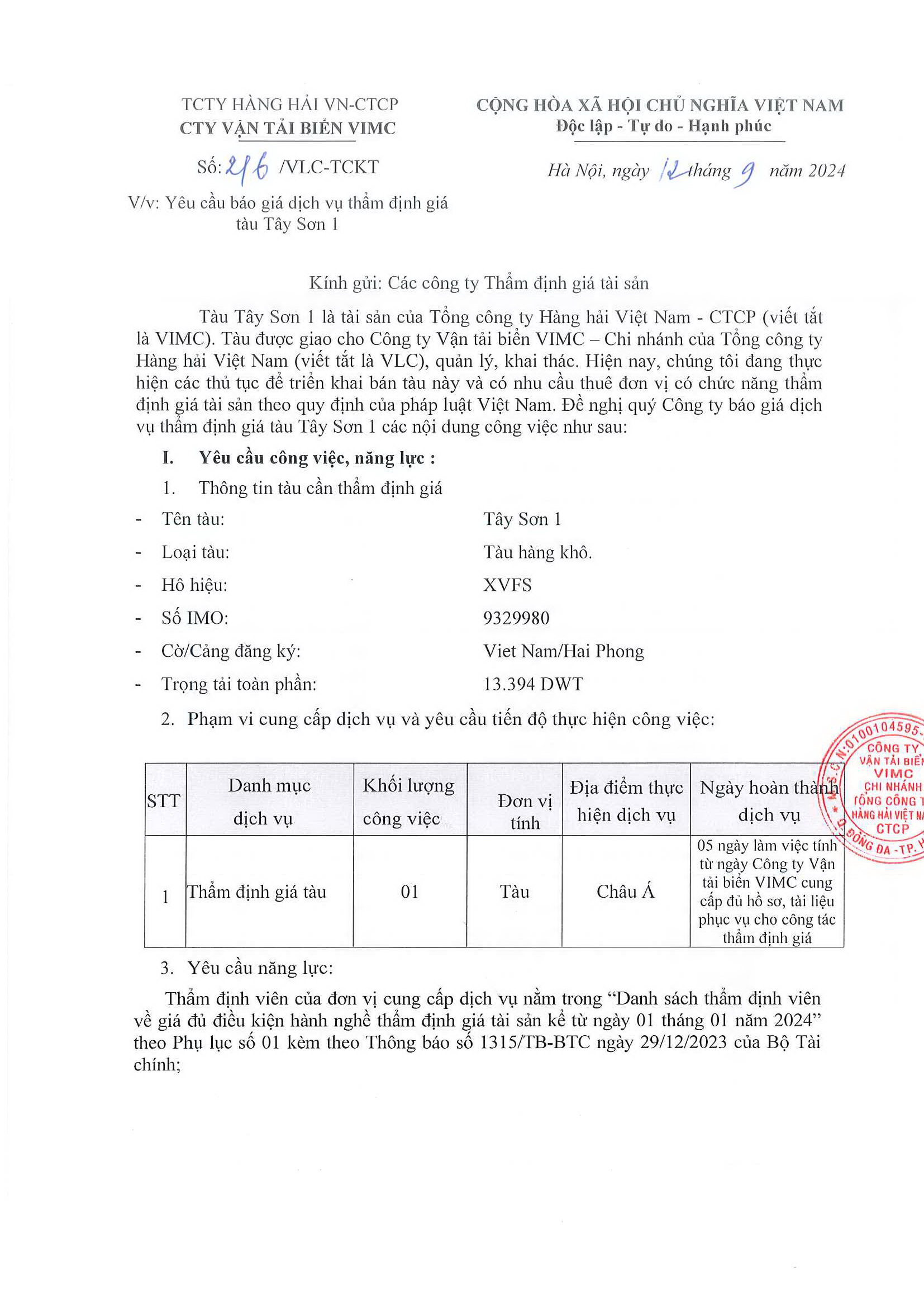 Đề nghị báo giá dịch vụ thẩm định giá tàu Tây Sơn 1